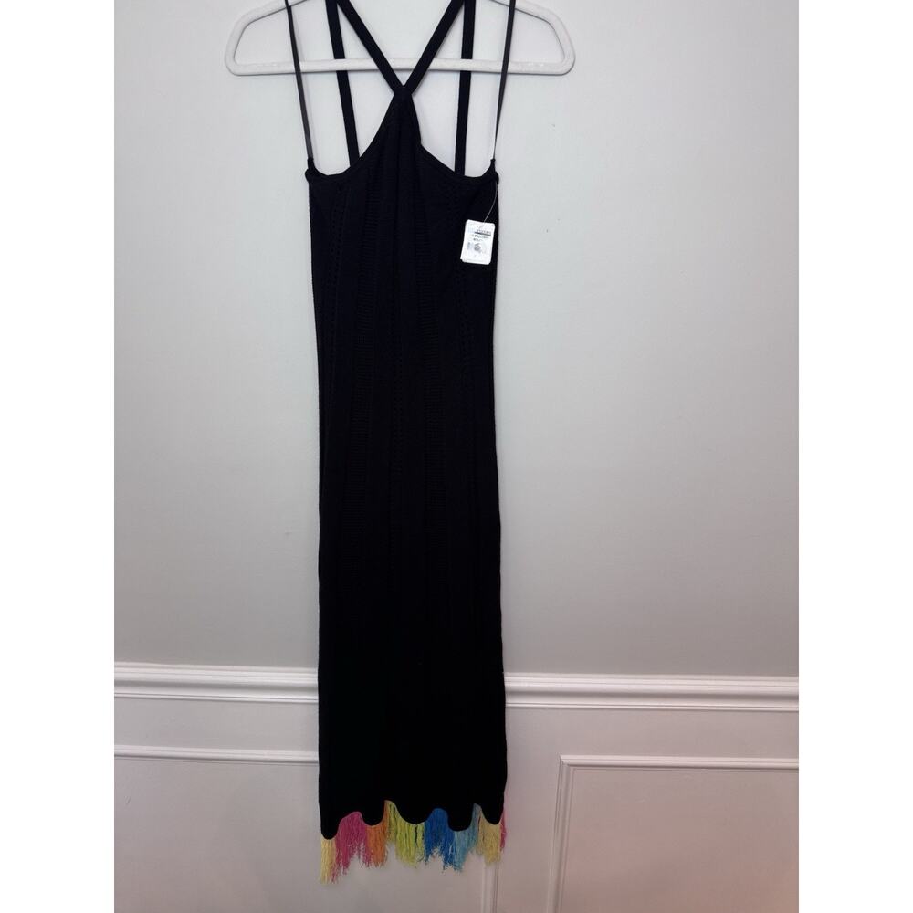 Torn By Ronny Kobo Black Halter Crochet Knit Maxi Dress Fringe Hem Size S Nwt